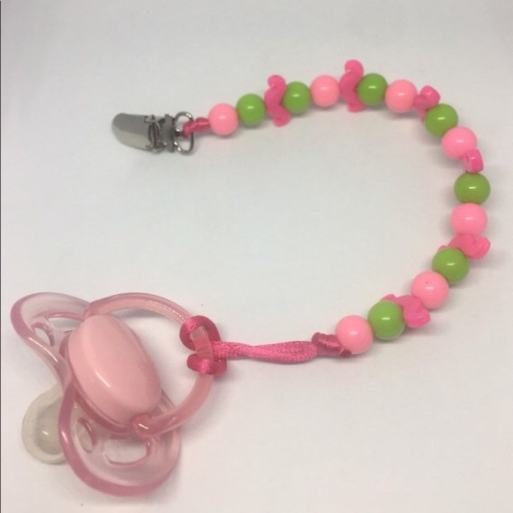 Pink and green handmade pacifier clip